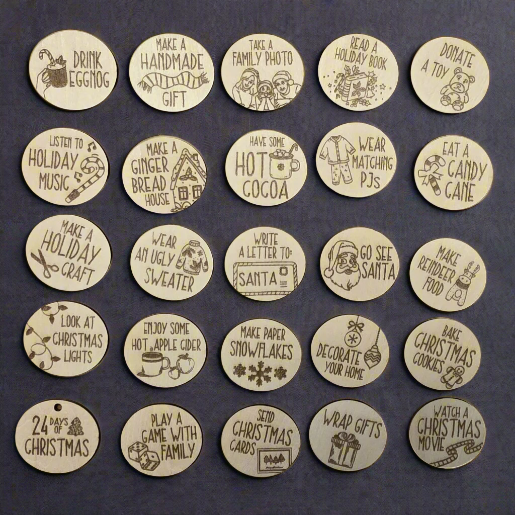 Set of round wooden tags with various holiday-themed activities on a light gray background.