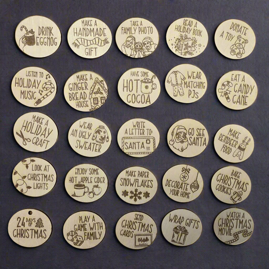 Set of round wooden tags with various holiday-themed activities on a light gray background.